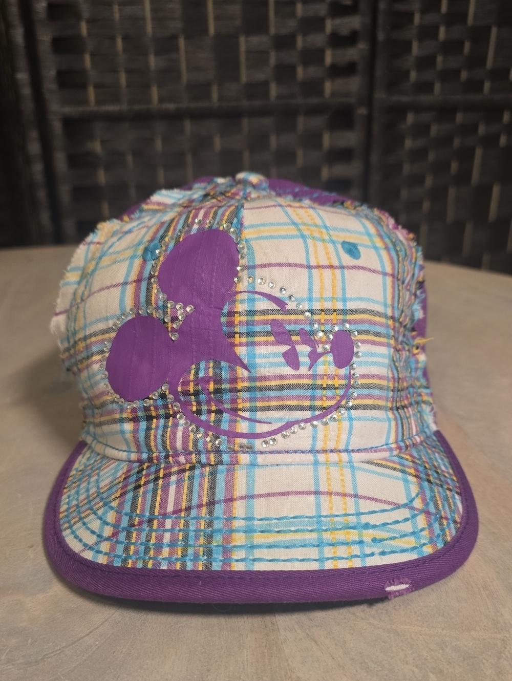 Disney Parks Mickey Mouse Baseball Hat Purple Plaid Rhinestone Strapback NWT
